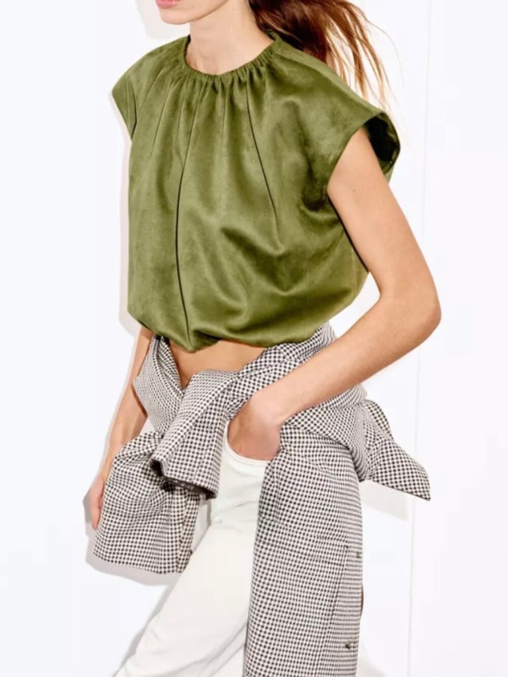 Zara Faux Suede Olive Green Top